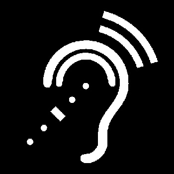 square ASSISTIVE LISTENING DEVICES logo with white design on black background