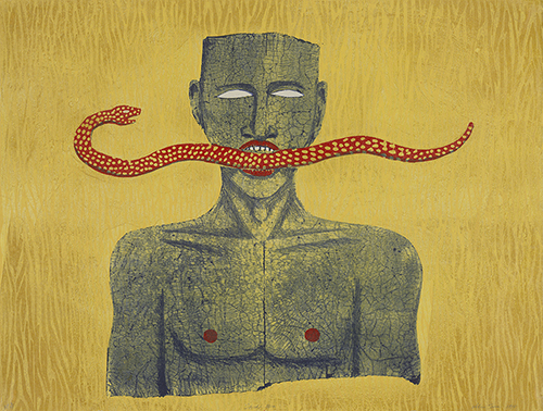 One of Alison Saar's paintings. A blue-gray, naked male figure's portrait against a mustard yellow background. His lips are red and his eyes are completely white with no pupils. He is holding a yellow-spotted, red snake between his teeth.