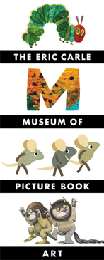 The Eric Carle Museum logo which shows the hungry caterpillar, then a collage M, then three mice and the wild things.  All in Eric  Carle's classic tissue collage style.