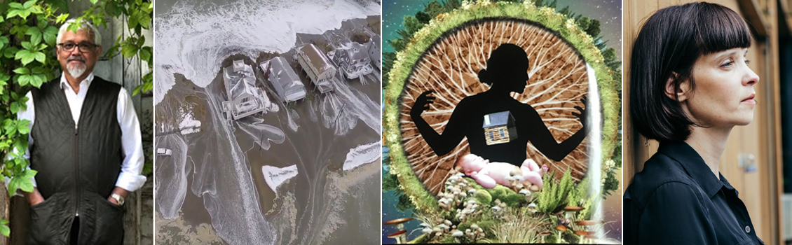 Left to right: Amitav Ghosh, Drone footage of UMass researcher Jon Woodruff’s field research site at Peggotty Beach in Scituate Photo credit Peter Miles, Miwa Matreyek "Infinitely Yours" Photo by Miwa Matreyek, Juniper Literary Festival participant Toni Jensen 