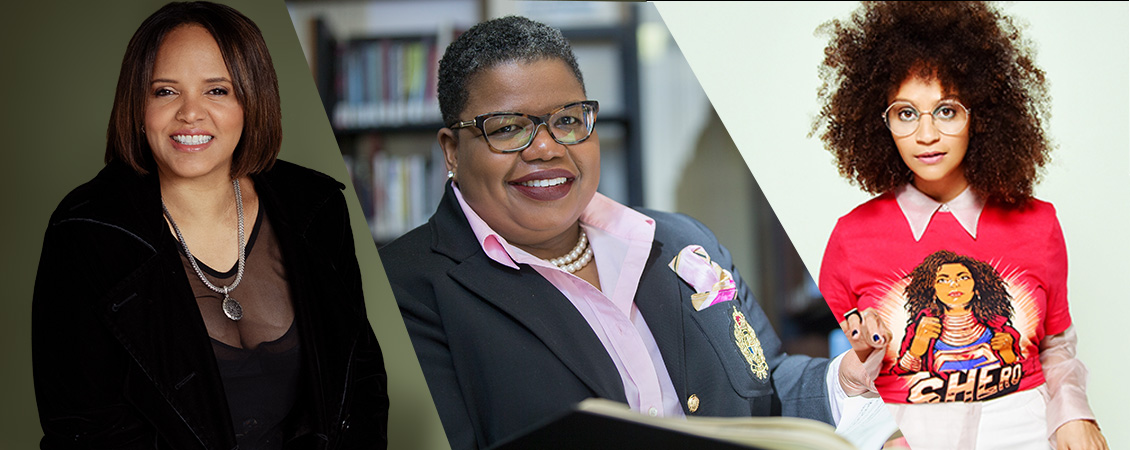 Images of three individuals, pictured left to right: an individual with brown, bobbed hair, wearing a long necklace and dressed in black clothing; a smiling individual with short black hair and glasses, wearing a pearl necklace and formal attire; an individual with curly brown hair, wearing round glasses and blue eyeshadow and a hot pink t-shirt over a lighter pink collared shirt.