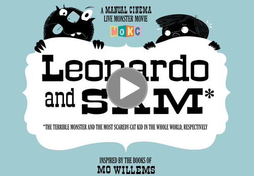 Graphic of Leonardo and Sam: The Terrible Monster and The Most Scaredy-Cat Kid in The Whole World, Respectively. Leonardo and Sam are peeking over a white sign with name of the show on it. The background is light, sky blue.