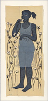 Alison Saar, Cotton Eater, edition 1/6, 2014. Woodcut on found sugar sack quilt 72 x 34 in.