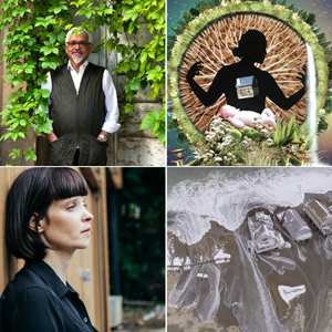 top left: Amitav Ghosh top right: Miwa Matreyek "Infinitely Yours" Photo by Miwa Matreyek bottom left: Juniper participant Toni Jensen bottom right: Drone footage of UMass researcher Jon Woodruff’s field research site at Peggotty Beach in Scituate Photo credit Peter Miles