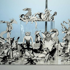 Image of several grey-scale figures against a pale blue background. Many of the figures are resting on a surface that appears to be reflective, but some of them are sitting on a raised surface which is the same pale blue color as the background.
