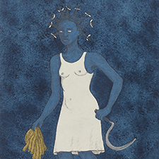 Print by Alison Saar depicting an individual wearing a white garment and carrying tools.