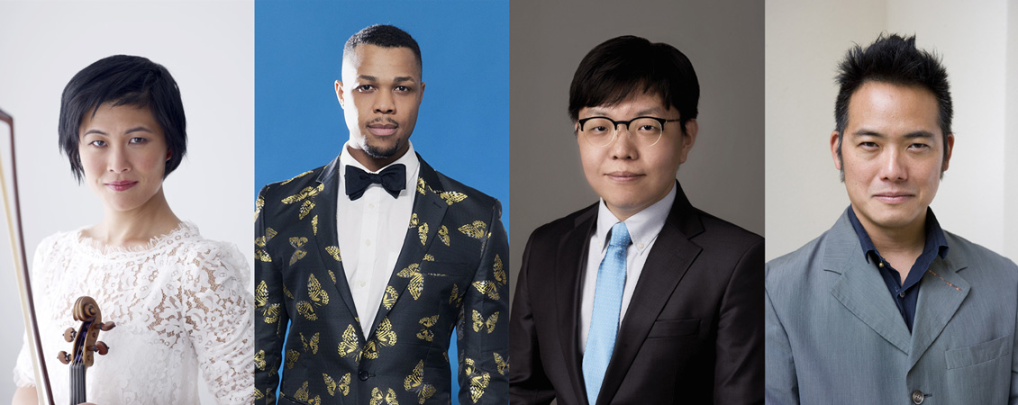 A collage of headshots photos. From left to right: Jennifer Koh holding her violin and bow, wearing a white lacy dress against a bright white wall; Davóne Tines wearing a black suit with a gold butterfly pattern and black bow tie, posing against a sky blue backdrop; Kee-Yoon Nahm wearing a black suit with a light blue silk tie, black half frame, round glasses posing against a grey background; Ken Ueno wearing a grey suit jacket and navy collared shirt posing against a light grey background.