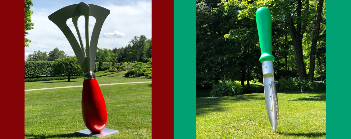 Two photographs of Peter Dellert's sculptures, "Blend" and "Core" side by side. On the left is Blend, a giant vintage pastry blender with a red handle, handle-side down on the ground. On the right is Core, a giant vintage apple corer and peeler with a green handle, tip of the peeler in the ground.