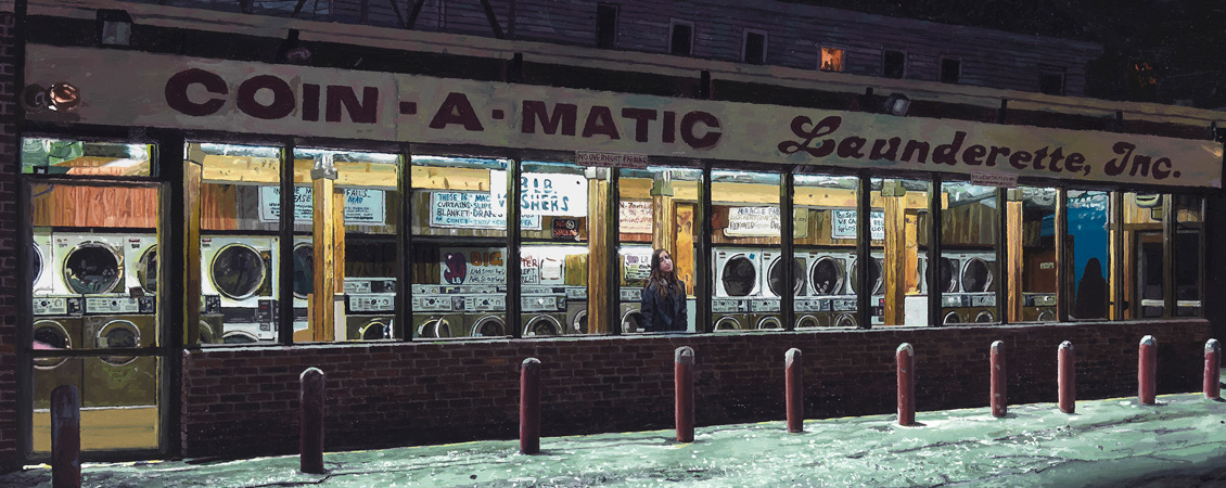 One of Alan Fortescue's artworks. A painting of a small laundromat from the outside at nighttime. The front of the laundromat is almost entirely window, and a large sign stretching over the top reads "Coin-a-matic Launderette, Inc.". A woman stands alone inside facing the window.