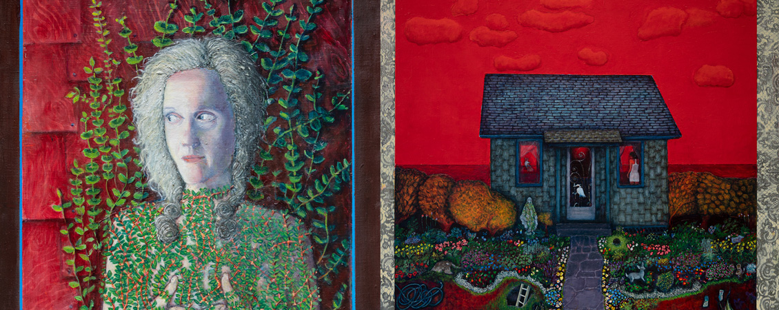Two of Nanette Vonnegut's artworks side by side. On the left, a portrait of a pale woman with curly white hair laying on her shoulders and pale pink lips. She is looking to the left and slightly smiling. She is covered up to her neck in crawling vibrant green vines. Behind her appears to be a red wood background. On the right is a painting of a small stone house with a vibrantly multicolored garden in front. The sky behind the house is bright red, and there are several clouds in the sky.