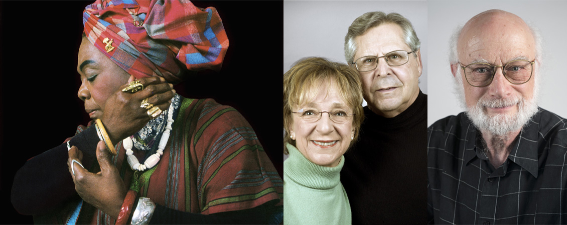 Three images collaged together. On the left is a profile photo of Pearl Primus posing with her eyes closed and her hands held up to the side of her face. She is wearing a colorful headscarf and big bracelets, rings, and necklaces. On the right are two stacked headshots of Peggy & Murray Schwartz, and director Stan Sherer.