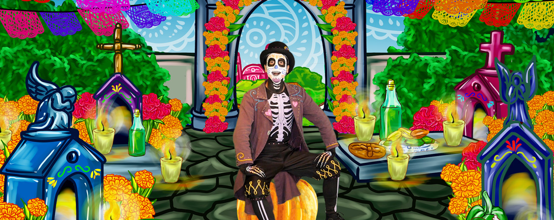 A man with sugar skull facepaint sitting against a digitally drawn, cartoonish background. There is a stone arch with orange and pink flowers, a stone wall, and candles lying around in the background.