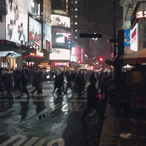 One of Alan Fortescue's artworks. A painting of a busy city street. Shadowy figures of people are crossing the street, and large bright billboards on the buildings lining the street are lighting up the street. The ground appears to be wet from rain.