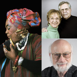 Three images collaged together. On the left is a profile photo of Pearl Primus posing with her eyes closed and her hands held up to the side of her face. She is wearing a colorful headscarf and big bracelets, rings, and necklaces. On the right are two stacked headshots of Peggy & Murray Schwartz, and director Stan Sherer.