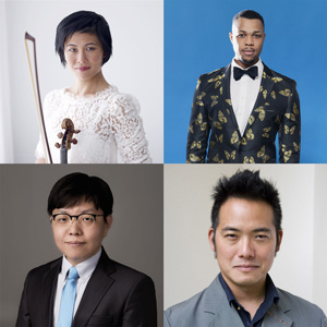 A collage of headshots photos. From the top left corner going clockwise: Jennifer Koh holding her violin and bow, wearing a white lacy dress against a bright white wall; Davóne Tines wearing a black suit with a gold butterfly pattern and black bow tie, posing against a sky blue backdrop; Ken Ueno wearing a grey suit jacket and navy collared shirt posing against a light grey background; Kee-Yoon Nahm wearing a black suit with a light blue silk tie, black half frame, round glasses posing against a grey background.