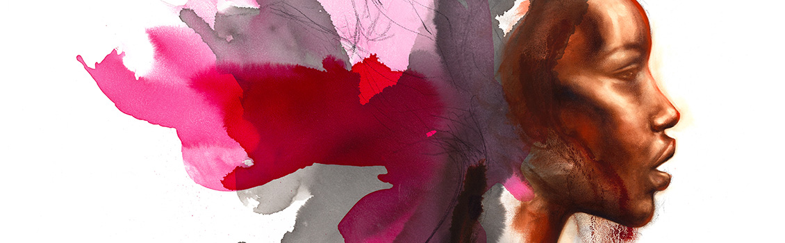 Detail - sideview of a face in brown.  there are some purple,red  pink and grey on the left where hair might be.  The mouth is open slightly.