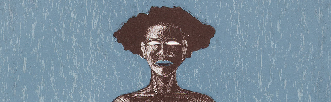 Image of an artwork in brown and cornflower blue of a person with wedge shaped hair and white eyes. The lips are blue.
