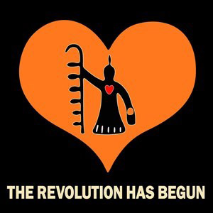 image by Bomgiizhik (Isaac Murdoch) | black background with orange heart with a figure holding a plant with a red heart and yellow text that says "THE REVOLUTION HAS BEGUN"