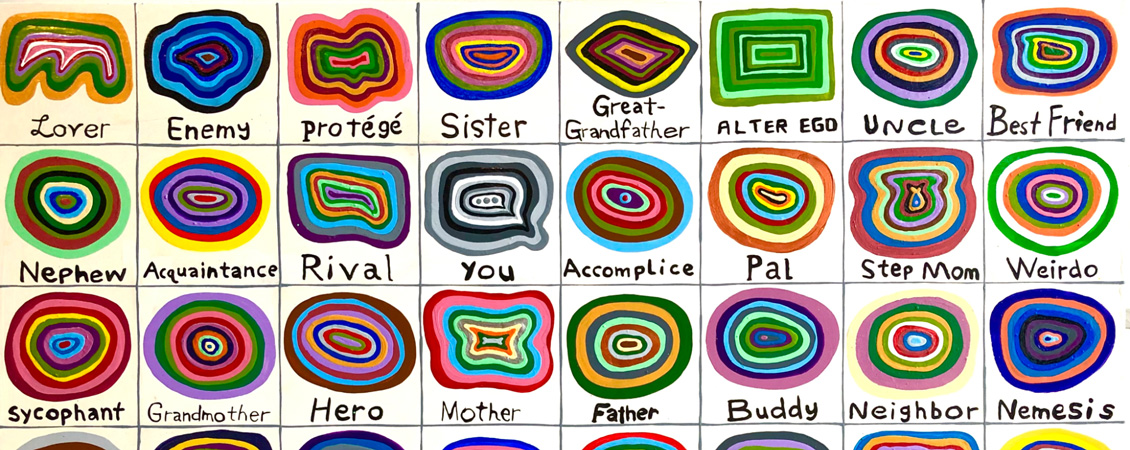 A grid of colorful concentric lined shapes with single worlds below like Lover, Rival, Sister and Sycophant