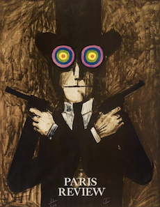 Drawing of a person in a top hat and colorful glasses holding a gun in each hand. The hands a crisscrossed in front of their chest. Under, it writes "Paris Review"