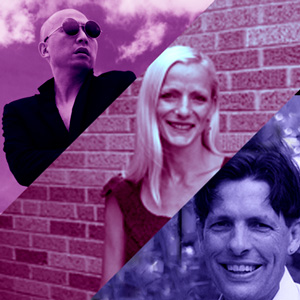 Three people in diagonal stripes on a square image.  They are colored in pinks and blues.  Top right: bald man in sunglasses with clouds behind.  Middle woman with long blond hair in front of a brick wall, Bottom Man with short dark hair smiling