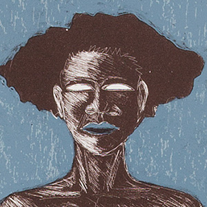 Image of an artwork in brown and cornflower blue of a person with wedge shaped hair and white eyes. The lips are blue.