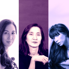 Purple toned collage of headshots of Donna Uchizono, Georgina Pazcoguin, and Hyeyung Sol Yoon side-by-side.