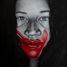 Maurgarita in RED by Nayana LaFond a black and white painting of a girl's face with red hand print over her mouth
