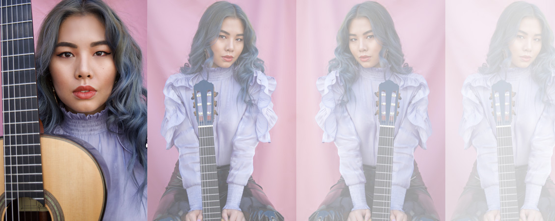 an image divided into 4 parts. On the left there is a close up photo of JIJI holding her guitar. The next three photos are all the same with JIJI holding a guitar upright. The images fade as we go from left to right