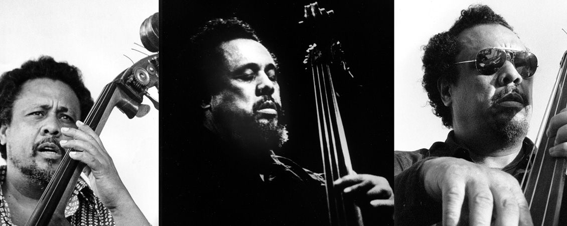 Three black and white images of Mingus with his bass.