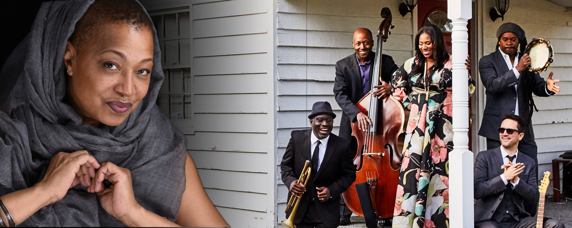 An image of Lisa Fischer looking into the camera on the left. On the right, an image of Ranky Tanky on the porch of a white house with their instruments.