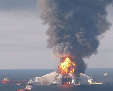 Photo of deep water oil rig on fire.