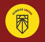 Sunrise UMass shield logo within a yellow circle on a maroon square background.