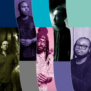 An image divided in to 5 parts. Each part has a picture of a member of Blue Notes. The color of each member's picture is different. From left to right, first picture is in light green, then purple, pink, darker green, and lighter purple