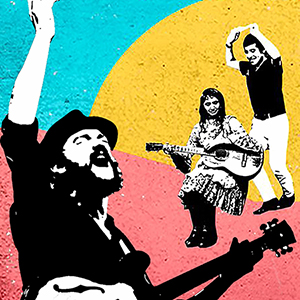 an image of Nano stern singinig in black and white with two musicians in the background