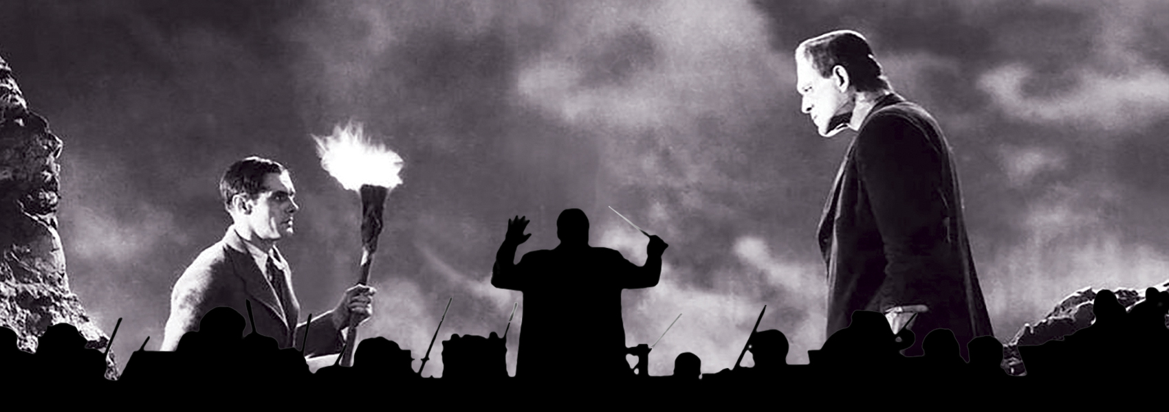An orchestra is pictured in silhouette in front of a scene from the movie Frankenstein.