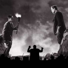 Dr. Frankenstein and his Monster facing off with conductor sillouhette in the center 