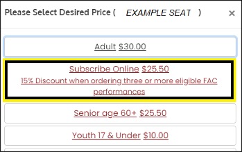 Screenshot of the ticket selection screen highlighting the Subscribe Online ticket type.