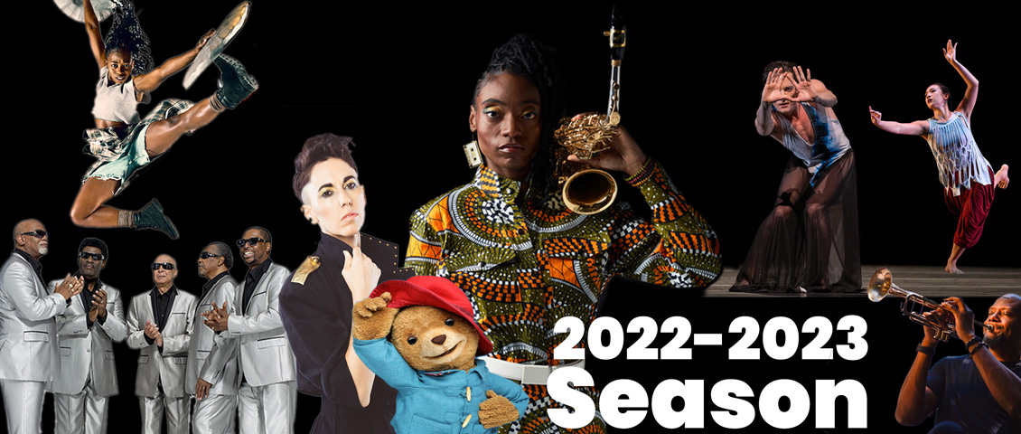 Collage of 22-23 performers: woman kicking over blind boys next to gina chavez, paddington.  Lakecia with sax, images of Martha Graham Dance co and Sean Jones with trumpet